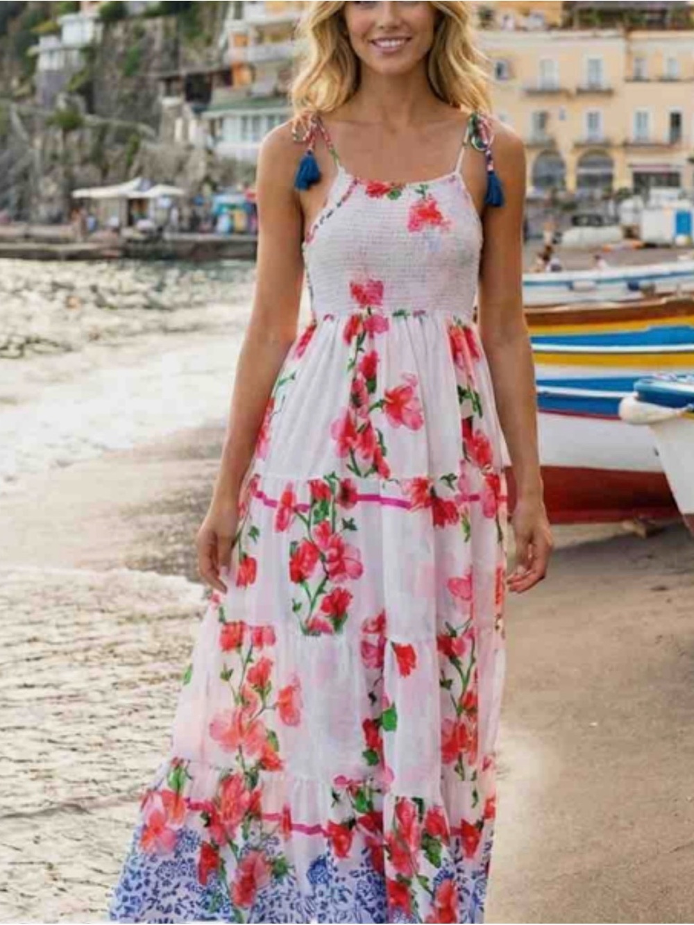 Antica Sartoria White Floral Maxi Dress with Pink Red Blooms O/S NWT